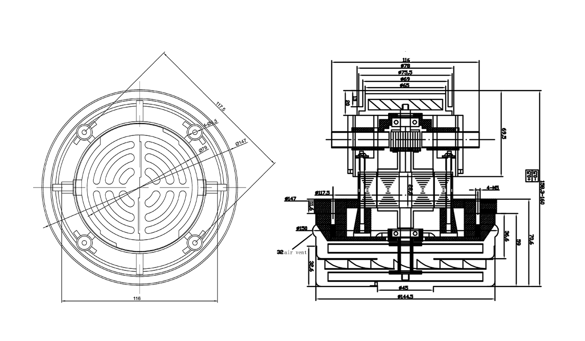 144mm 1200w 斗式真空吸尘器电机带四个定位孔-888集团